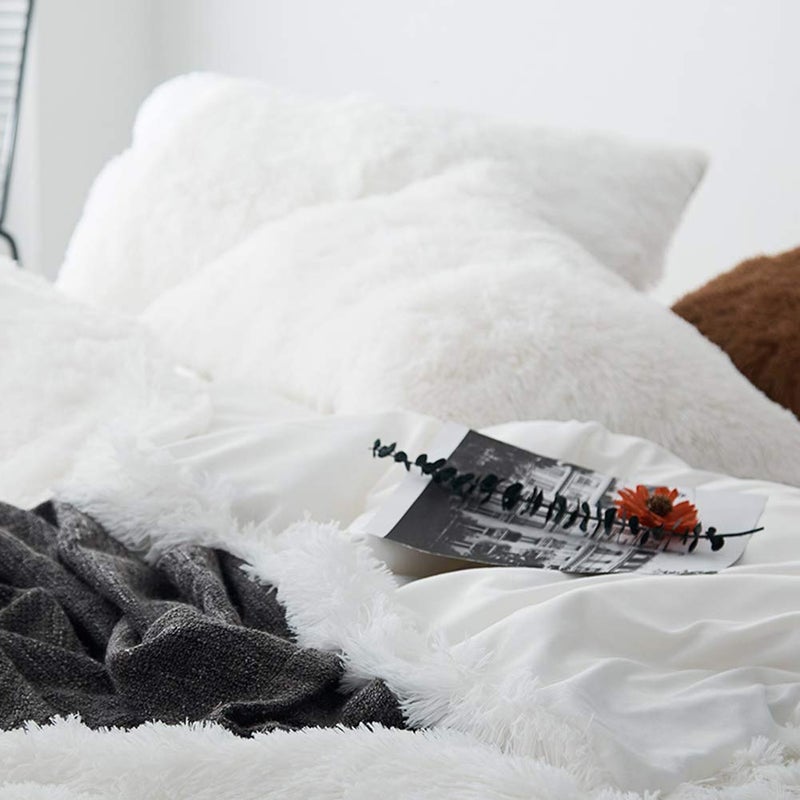 MorroMorn 5 PCS Shaggy Duvet Cover Bedding Set - Long Faux Fur Luxury Ultra Soft (White, Full/Queen) - Image 4